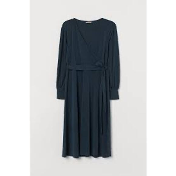 H&M Long Sleeve Surplice Neck Flare Hem Dress Suze 4 Hunter Green - Picture 7 of 7